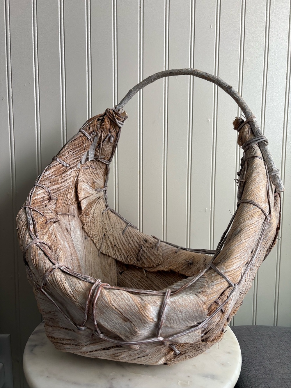 Primitive Palm Husk & Bent Twig Handmade Harvest Basket Rustic Vintage VTG Fiber - Picture 3 of 14